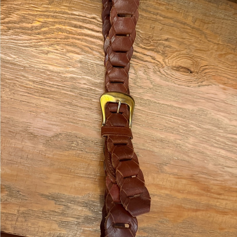 Brown Leather Braided Belt with Solid Brass Buckle 35 inches long 1.5 W